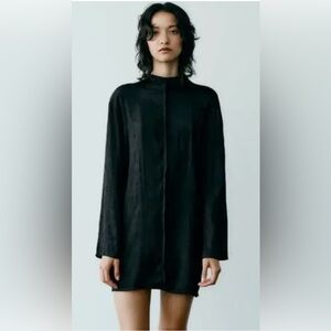 Zara black mini dress wrinkled satin look long sleeves size small nwot